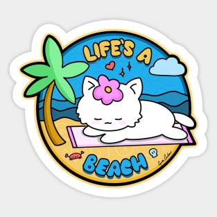 "Life's A Beach" Kawaii kitty sunbathing on a beach Sticker